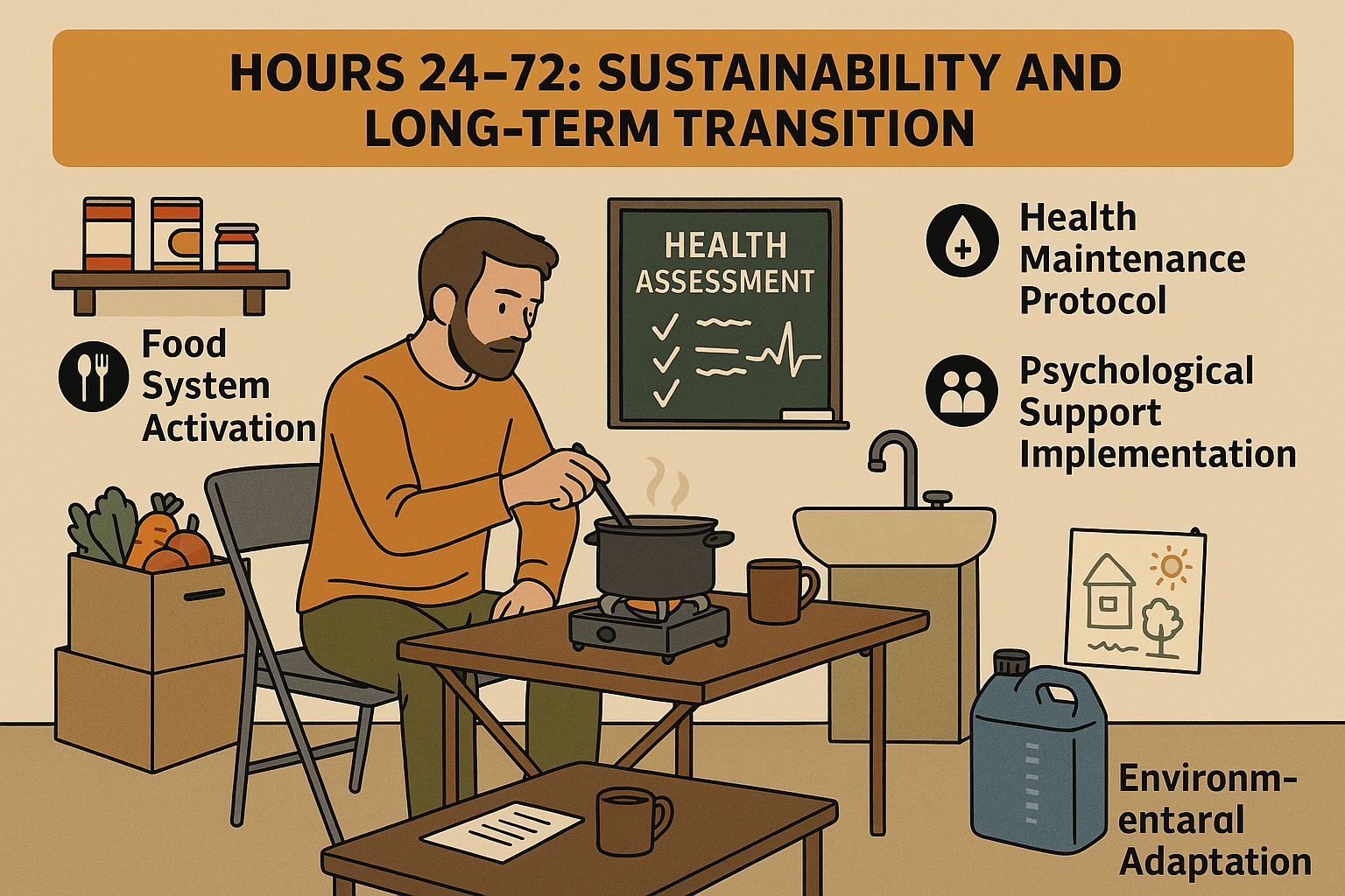 Illustration of sustainable food preparation, health maintenance, and environmental adaptation strategies for long-term disaster recovery